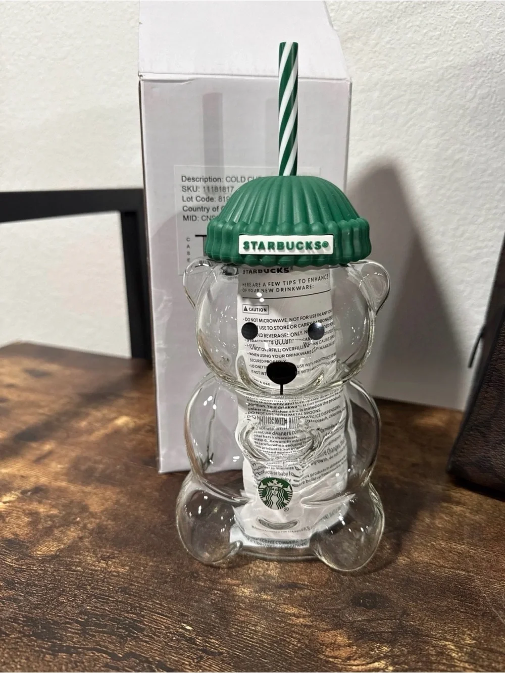Clear Bear Tumbler with Green Beanie Lid and Striped Straw